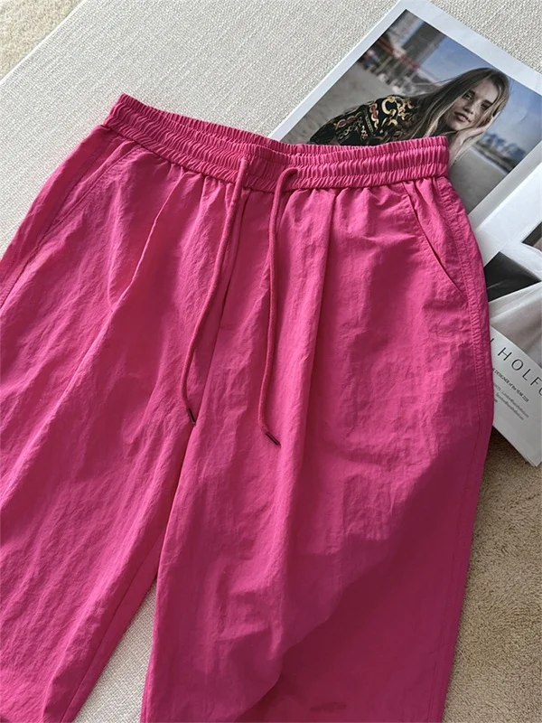 ドラゴンフルーツカラー クイドライ ハーレムパンツ レディース 夏 薄手 Dストリング エラスティック ハイウエスト スリミング カジュアルパンツ