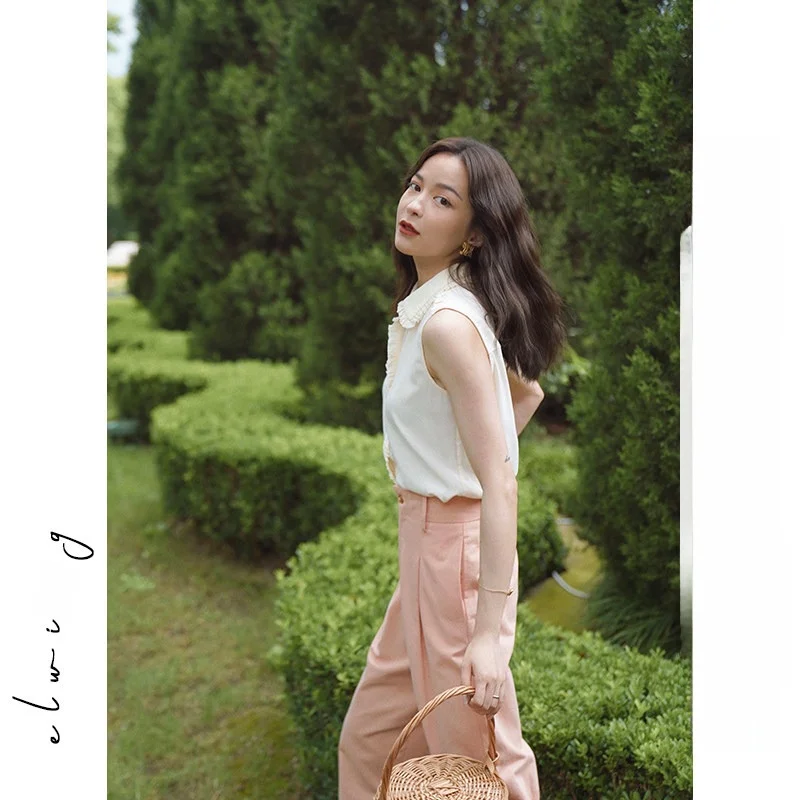 

Elwing Original Collar Svel irt Women's Summer New Peach Color Splice irt Commute Sle Straight Cut Pure Color
