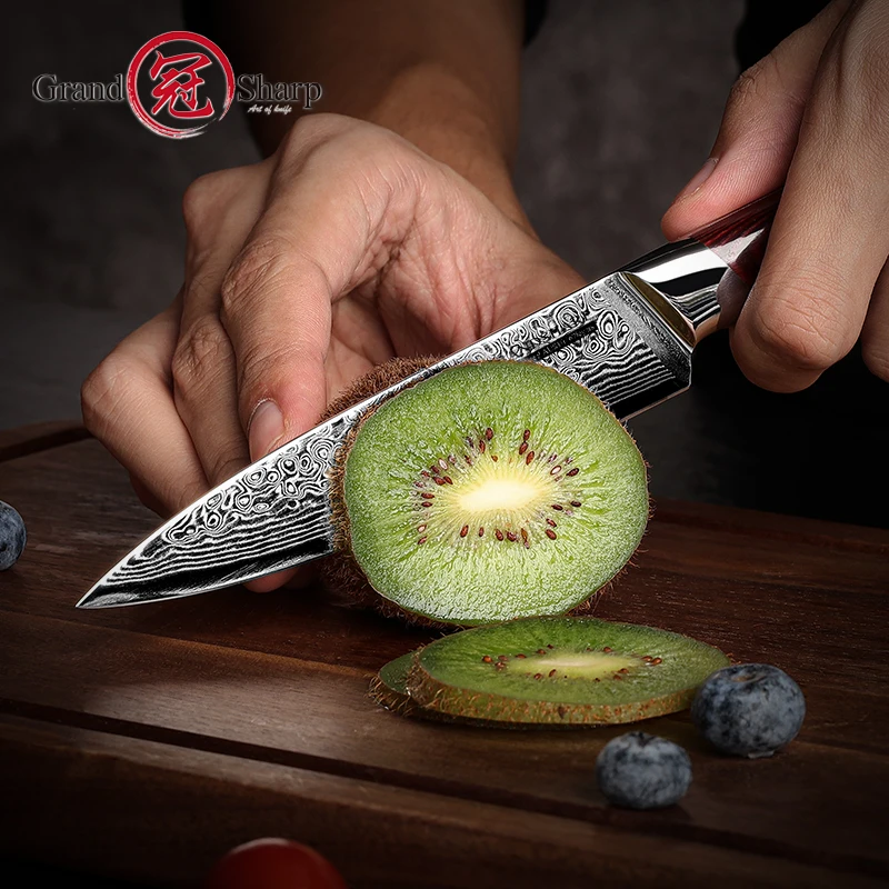 Grandsharp 5 Inch Utility Knife Kitchen Knives Japanese Damascus AUS-10 Steel Razor Sharp Blade Fruit Cutter Pakka Wood Handle