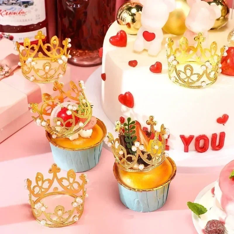 30/1Pcs Mini Crown Cake Decoration Gold Silver Pearl Tiara Crowns for Children Hair Ornaments DIY Cake Topper Wedding Decoration