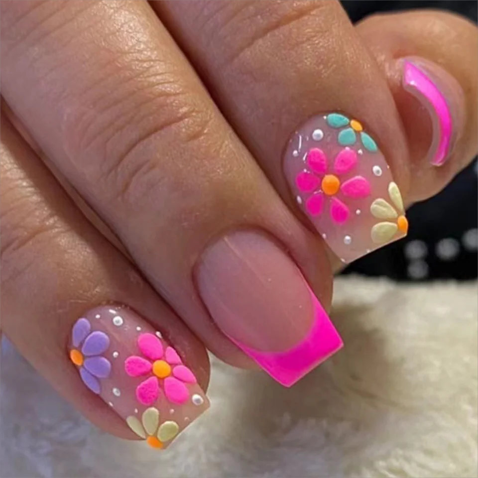 24pcs/set short Medium quare Glossy Ballerina Fake Nails jellyfish blue sea wave flowers geometric design press on false nails