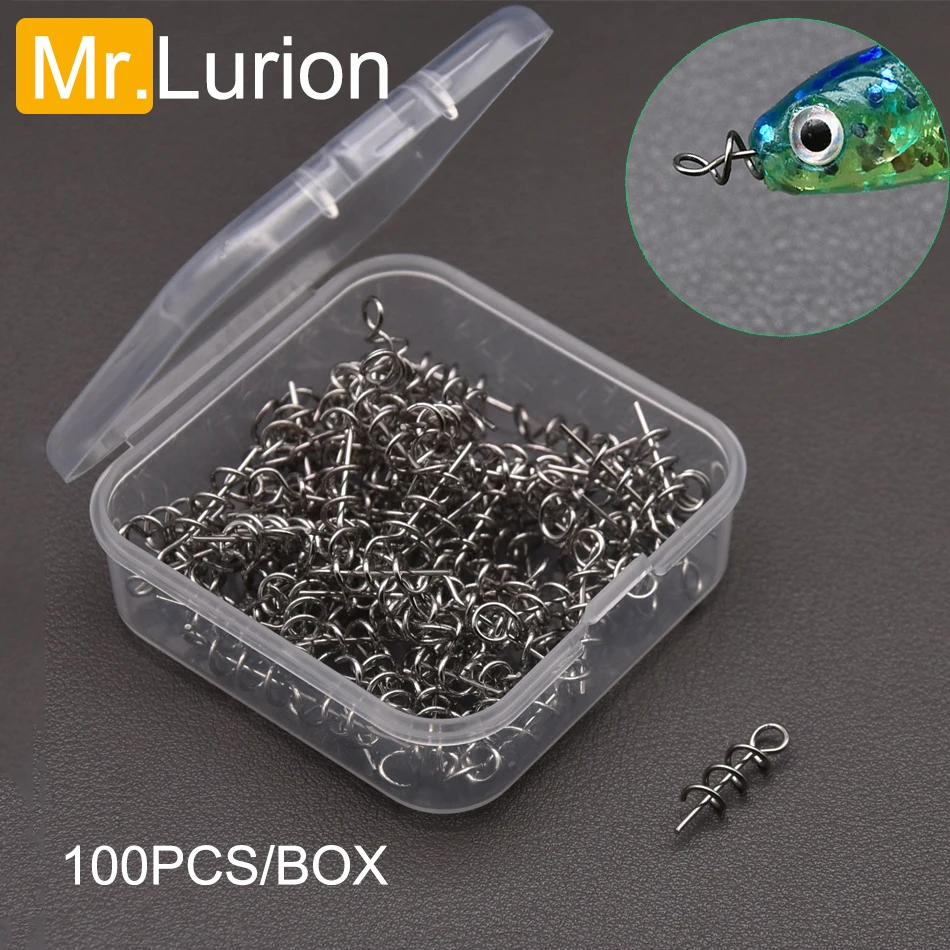 MrLurion 100 peças por caixa de alfinetes de pesca, trava torcida de mola, parafuso de pesca, pino de centralização, trava fixa, agulha para isca de minhoca macia