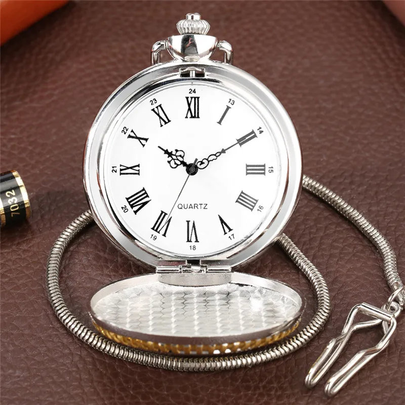 Luxe Gegraveerde Gouden Stoomtrein Cover Romeinse Cijfer Display Klok Quartz Zakhorloge Voor Mannen Vrouwen Met Hanger Ketting Reloj