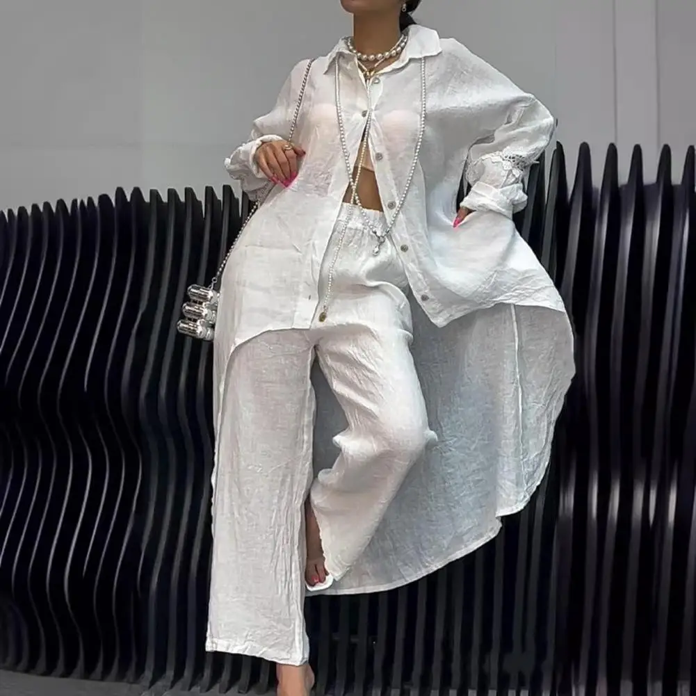 Setelan renda dua potong elegan renda, kemeja pinggang elastis celana panjang untuk wanita blus Hem tidak teratur gaya untuk musim gugur