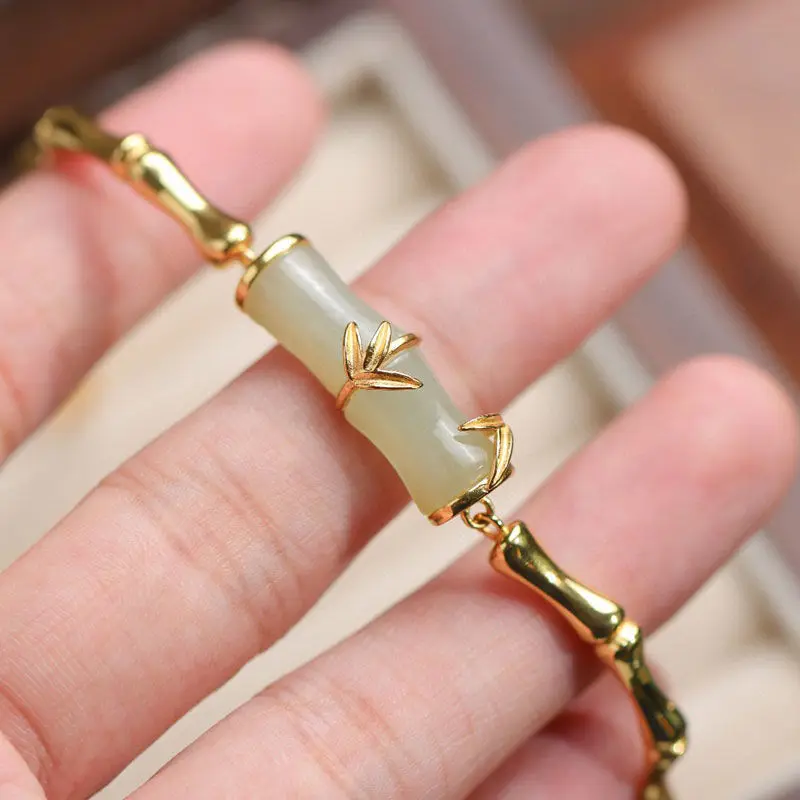 Natural Hotan Jade Bracelet for Women Fresh Bamboo Bangles Female Vintage Court Style Bracelet Charm High Quality Jewelry