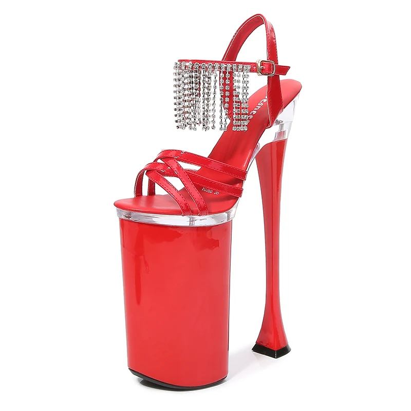 New Shoes for Woman Sexy 26cm Thin High Heel Waterproof Plartform Sandals Crystal Diamond Tassel Ankle Strap Wedding Pumps
