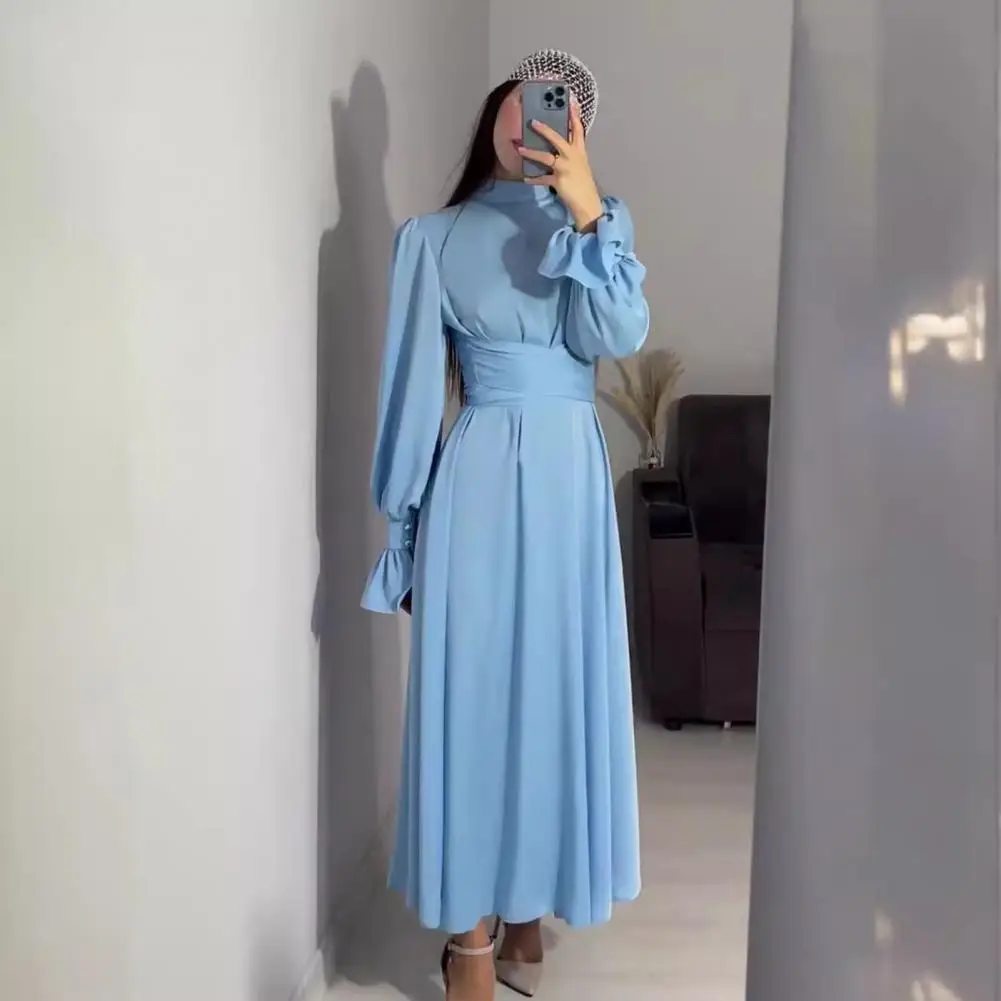 Fall Spring Lady Dress Puff Sleeves Tight Waist Stand Collar Pure Color A-line Pleated Shopping Commuting Party Prom Maxi Dress