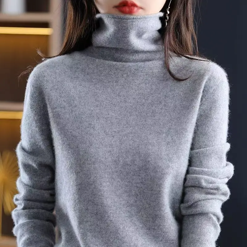 2025 100% 메리노 울 스웨터 우아한 캐시미어 풀오버 여성 파일 칼라 긴팔 니트웨어 기본 의류 점퍼 탑