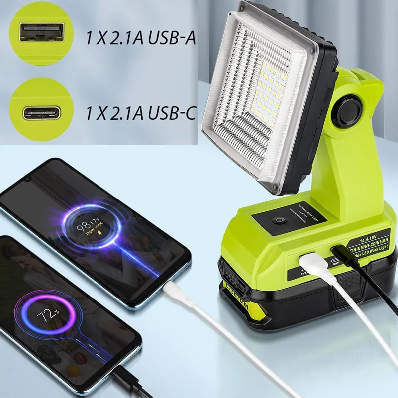 RYOBI 18V 리튬 배터리용 LED 작업등 손전등 스포트라이트, USB C타입 포트, 야외 비상 조명, P108 P104