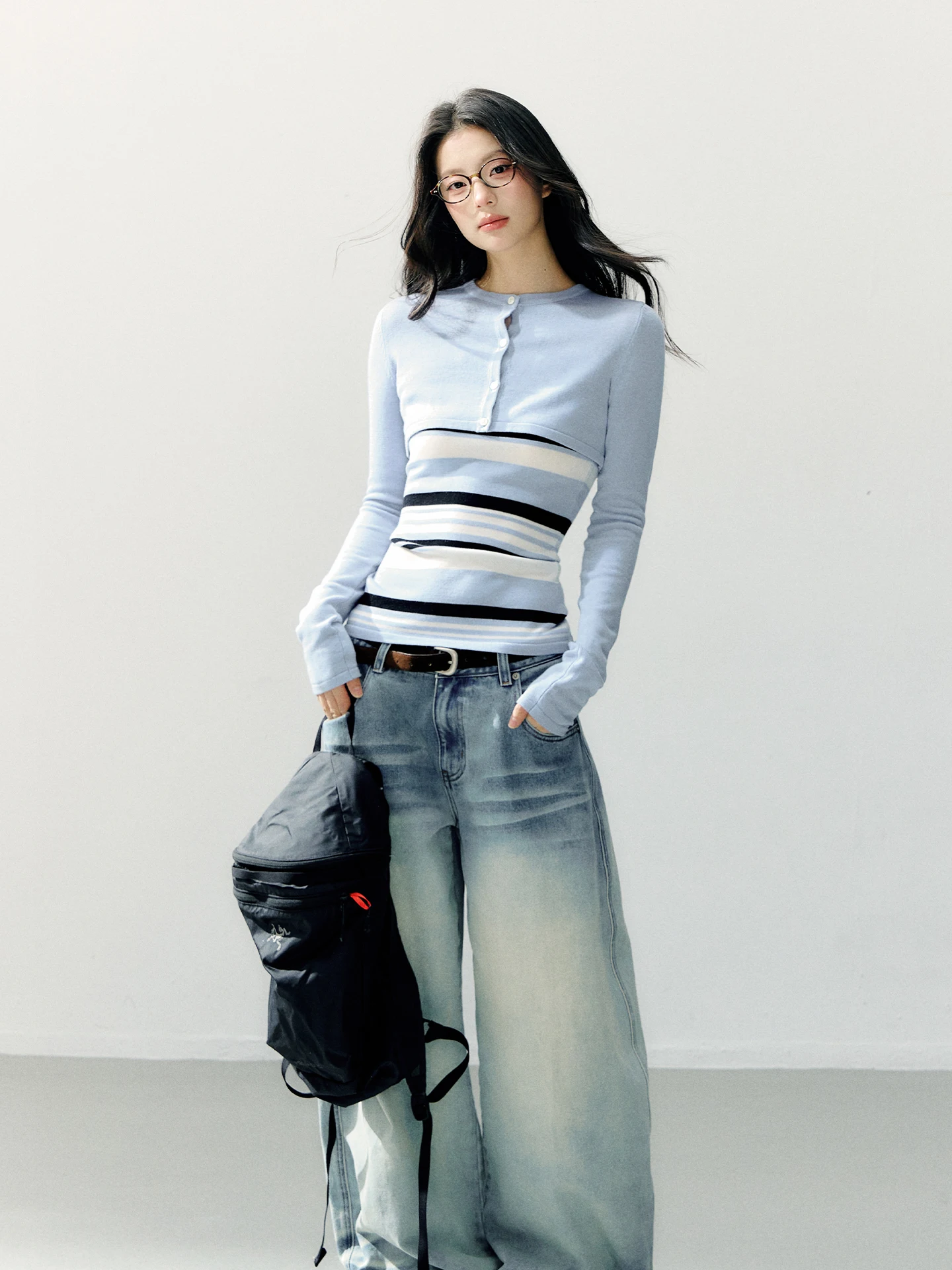 

7Shiftin Casual Stripe Pattern Long Sleeve Set Women's Fashion Two-Piece Suit Shoulder Width Appropriate Inner Wear Overalls