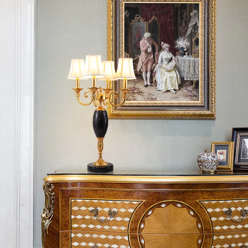 European Style Decorative Table Lamp, Brass Ceramic With Marble & Fabric Lampshade For Study, Living, Bedroom, Hotel Lobby