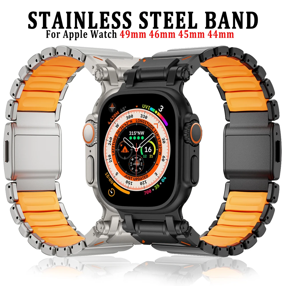 

Ремешок из нержавеющей стали для Apple Watch Ultra 3 2 49 мм серии 11 10 46 мм Мужской резиновый ремешок для Iwatch 9 8 7 6 5 4 SE3 44 мм 45 мм