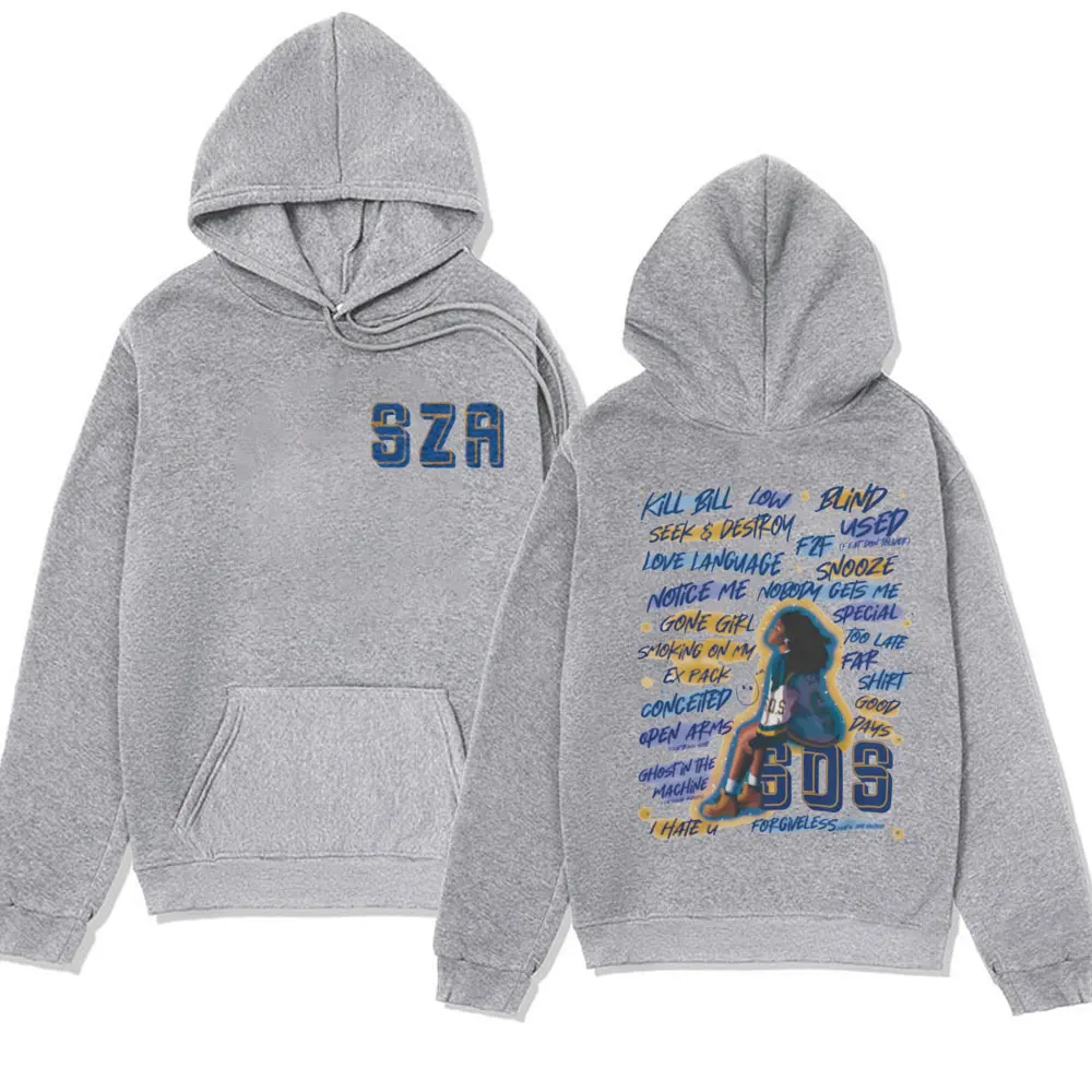 SZA Music Album SOS Graphic Hoodie Double Sided Oversized Hooded Sweatshirts Casual Vintage Hip Hop Fleece Pullover Streetwear