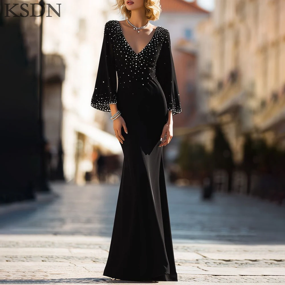 فساتين سهرة رسمية سوداء من KSDN موضة كريستال على شكل قلب وأكمام طويلة بطول الأرض مناسبة خاصة فستان فيستدوس