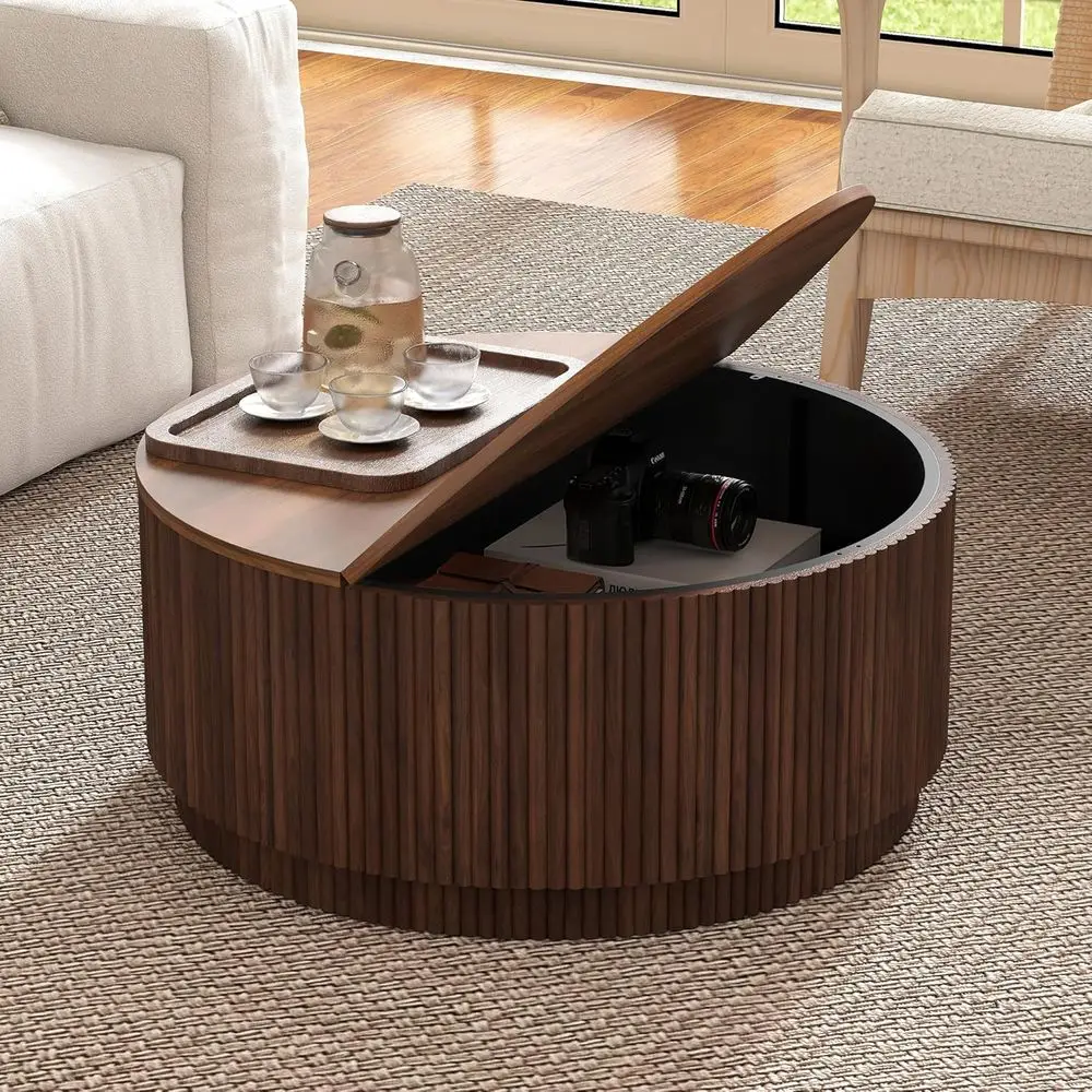 

Round Walnut Coffee Table with Storage and Lattice Base for Small Spaces