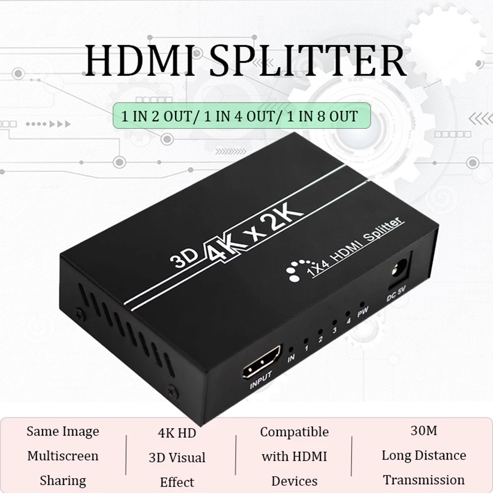 

4K HDMI Splitter 1X4 1.4 3D Full HD 1080p Video HDMI Switch 1 in 4 out for DVD PS3 PC to Monitor HDTV Projector