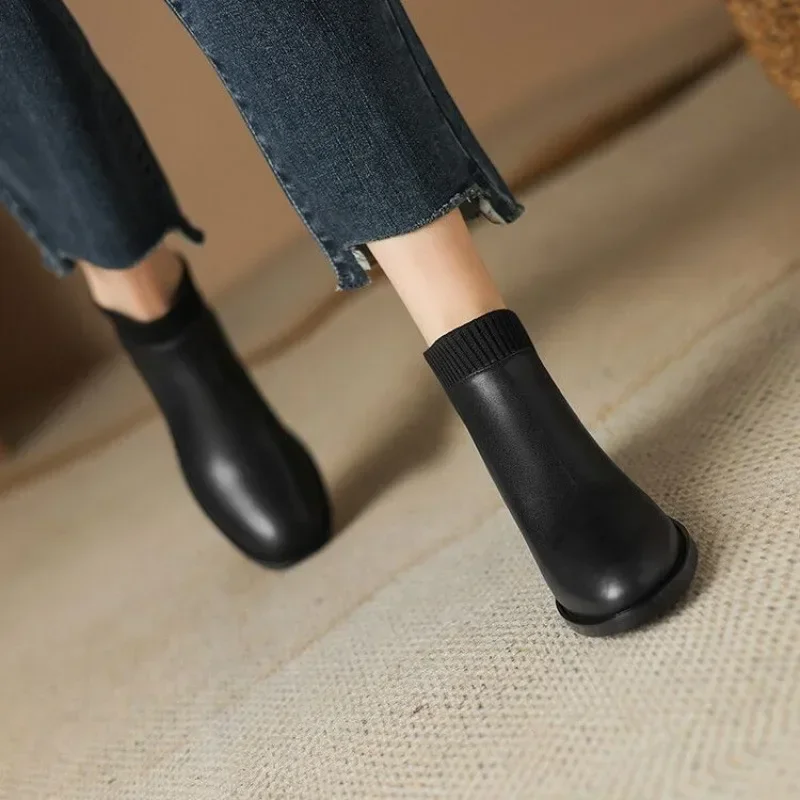 Ankle Boots for Women Leather Shoes Elastic Band Bare Boots Mid Heels Booties Winter Botas Mujer 2024 Women Boots