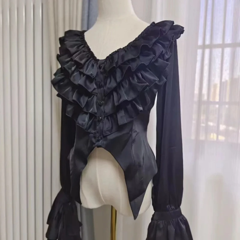 Vintage Viktorianischen Lolita Stil Shirts Frauen Elegante Gothic V-ausschnitt Flare Hülse Blusen Weibliche Y2k Ästhetischen Casual Tops Blusas