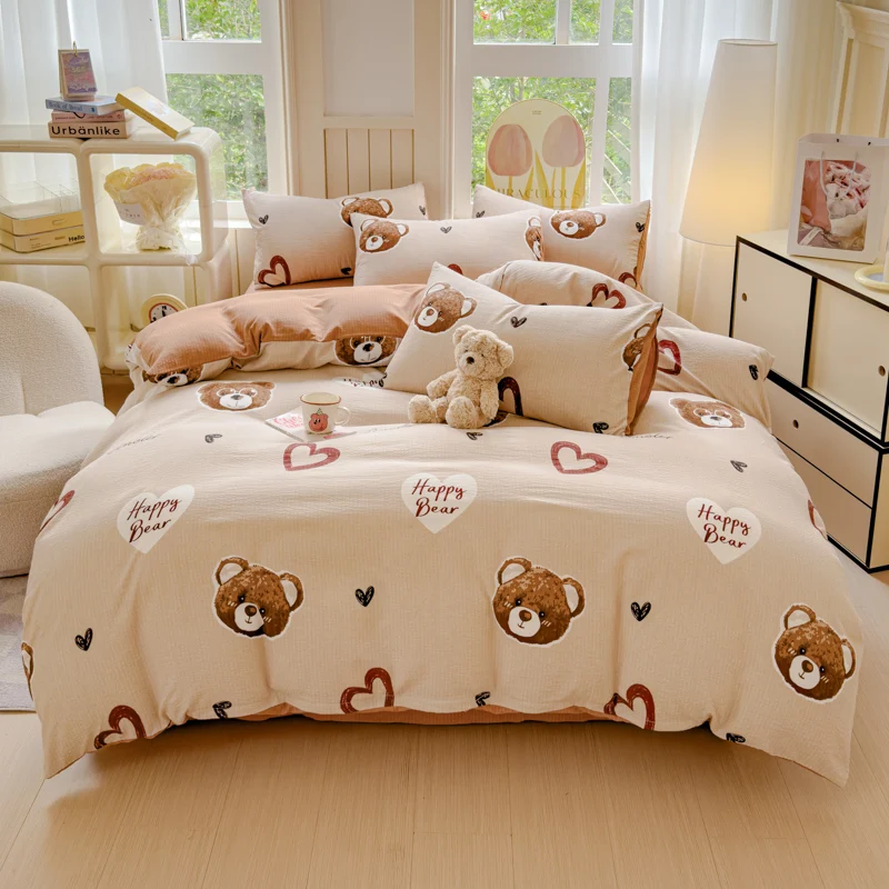 Simpatico orsetto copripiumino Set biancheria da letto Seersucker per bambini ragazzi ragazze adolescenti Cartoon Brown Bears Pattern Cute Animal