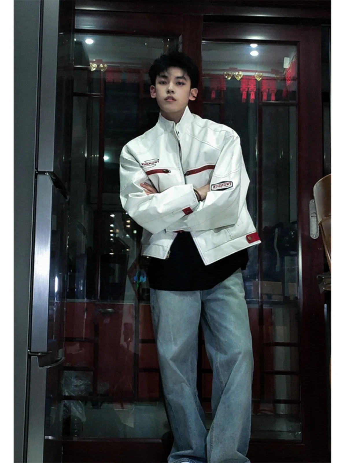 

White Motorcycle Leather Jaet Men's Spring Autumn ort Padded American High Street Cleanfit Stand Collar Pilot Jaet