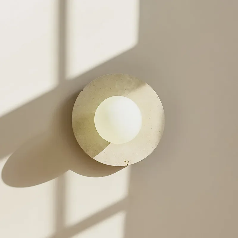 Modern Wabi Sabi style LED wall lamp natural yellow stone circular wall lamp bedroom living room porch room decoration lighting