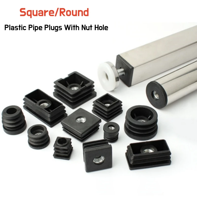 

4/10pcs Black Square/Round Blanking End Caps Pipe Tube Plastic 15 16 19 20 25 30 32 38 50mm Inserts With M6 M8 M10 Metal Thread