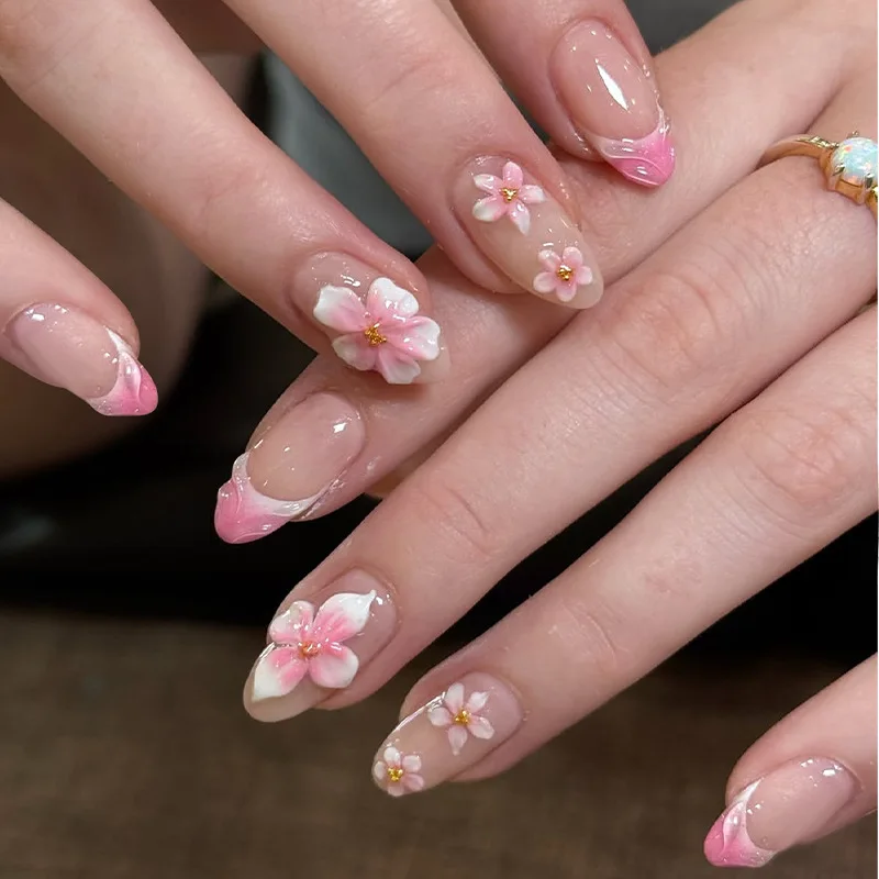

24PCS Press on Nails with 3D Hand Painted Floral Advanced Pink White Ombre Almond Fake Nails French Sweet Gentle Design Manicure