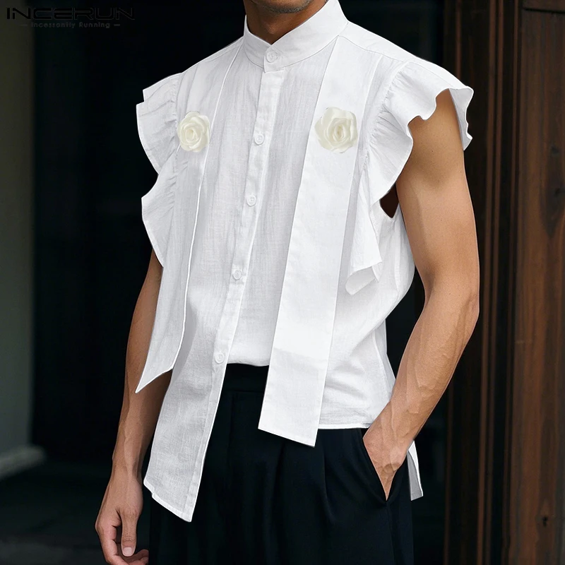 

Летняя мужская рубашка с цветочным принтом в стиле пэчворк, мужские рубашки без рукавов с воротником-стойкой, уличная одежда с рюшами, модная повседневная мужская одежда, топы INCERUN