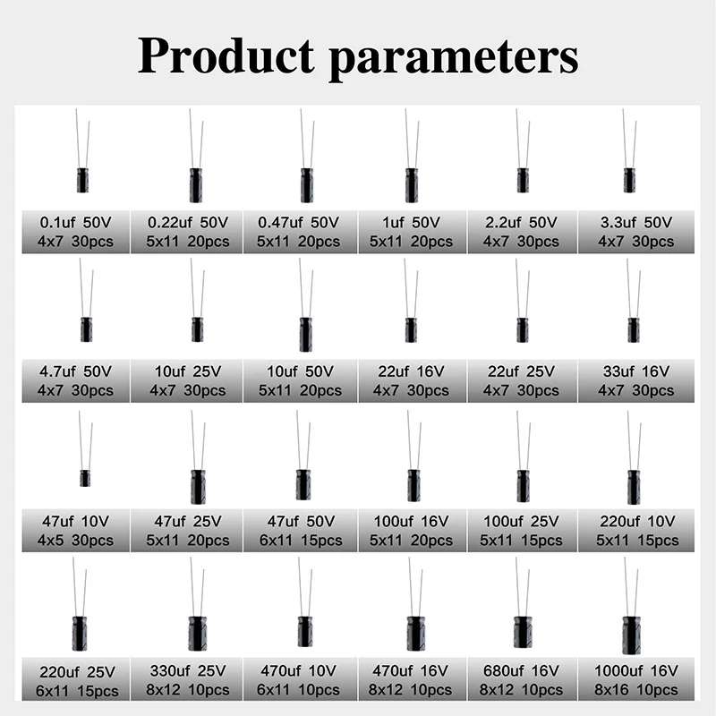 500pcs/box 0.1uF~1000uF Aluminum Electrolytic Capacitors Kit 24 kinds Capacitor Set 10V 16V 25V 50V 1uF 4.7uF 10uF 47uF 100uF