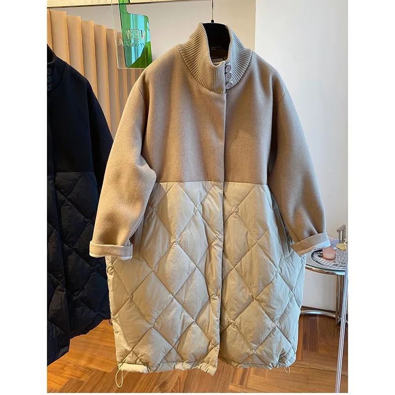 Parkas Woolen Stitching Down Cotton Coats Women's 2025 New Loose Cashmere Jackets Winter Fashion Long Sleeve Warm Outwear Female