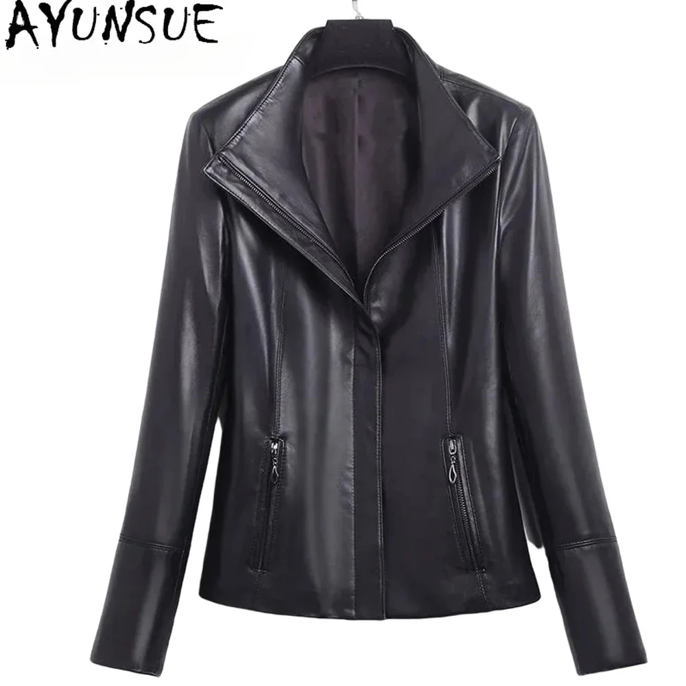 AYUNSUE-Veste en peau de mouton véritable pour femme, cuir véritable, col rabattu, mode, 100%