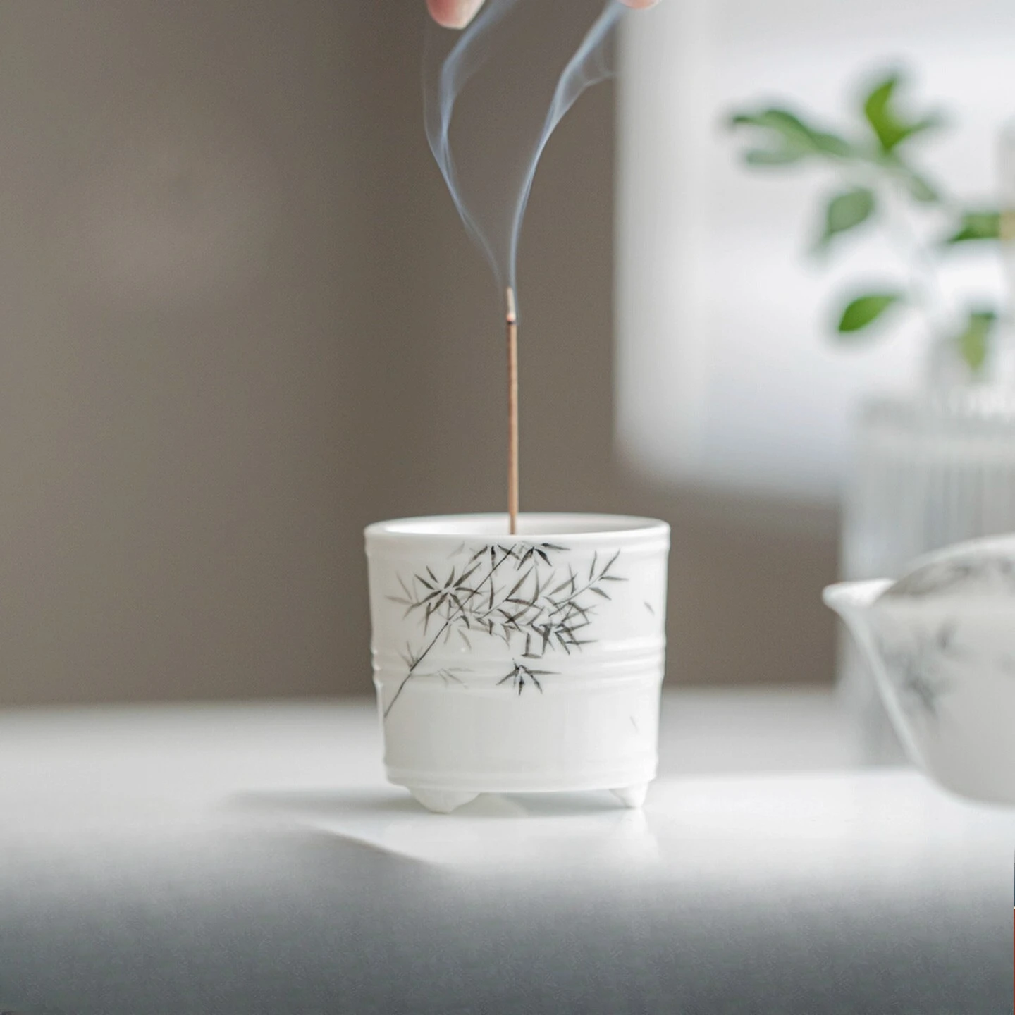 

Hand Painted Bamboo Ceramic Incense Burner Zen Home Decor Aromatherapy Teaware