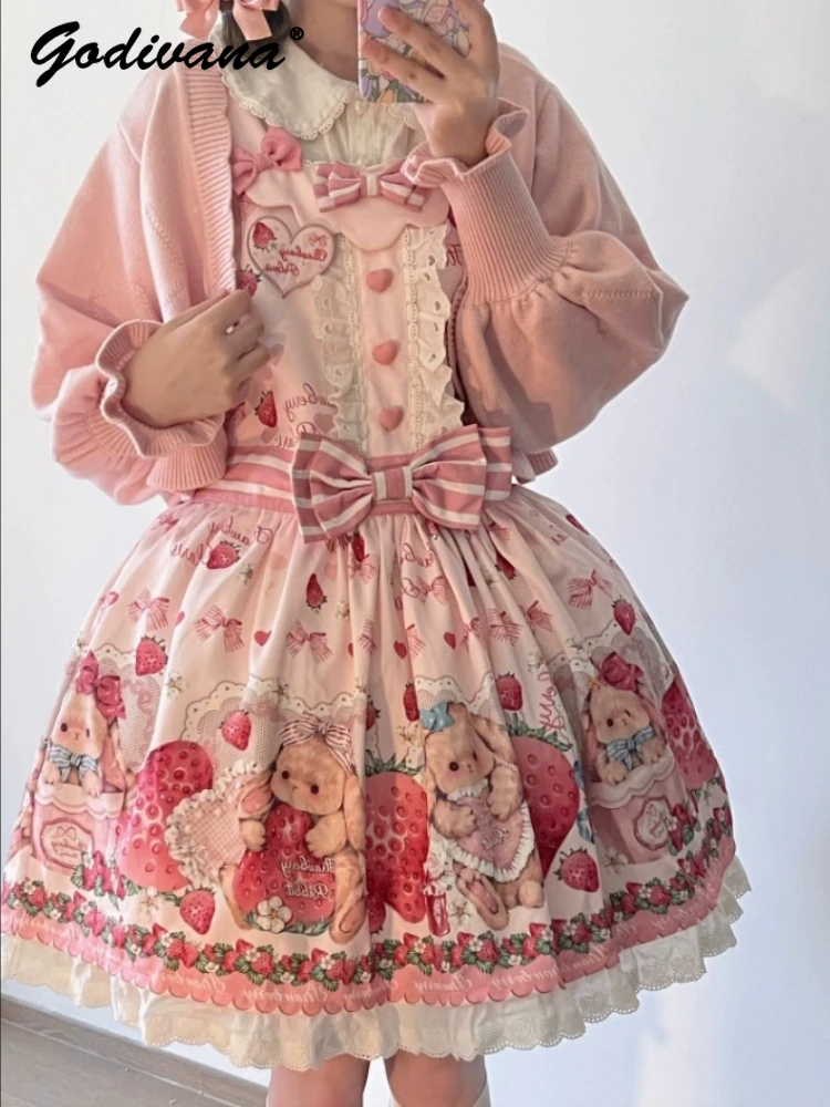 

Original Lolita Pink Straps Dress 2025 New Spring Summer Female Girls Kawaii Strawberry Bear Print Lo Jsk Daily Dresses