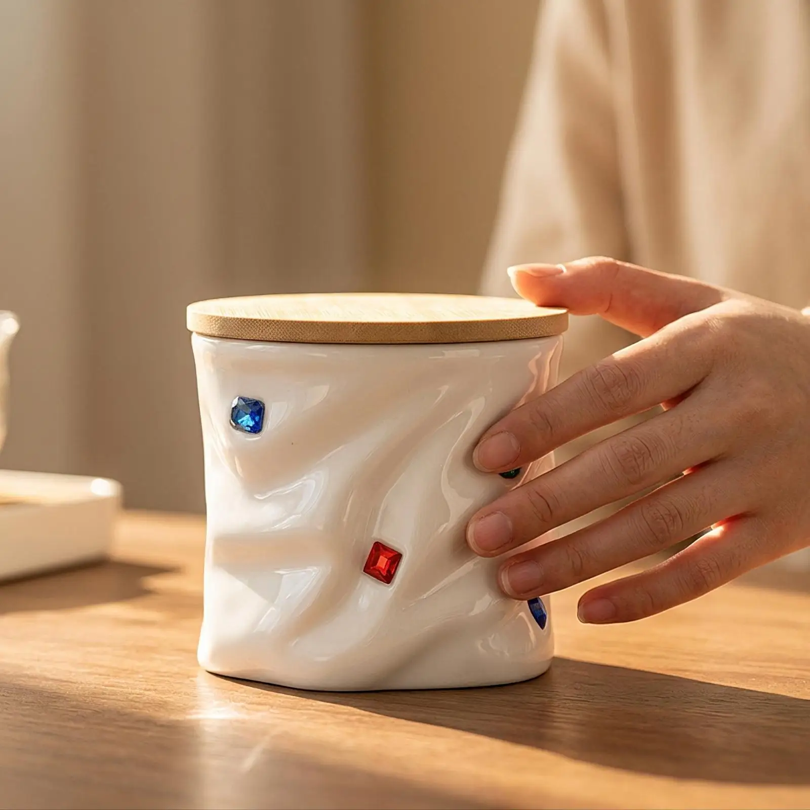 Wood Lid Sealed Storage Jar Ceramic Irregular Texture Jewel Accent Airtight Food Container for Spices Grains Snacks Countertop