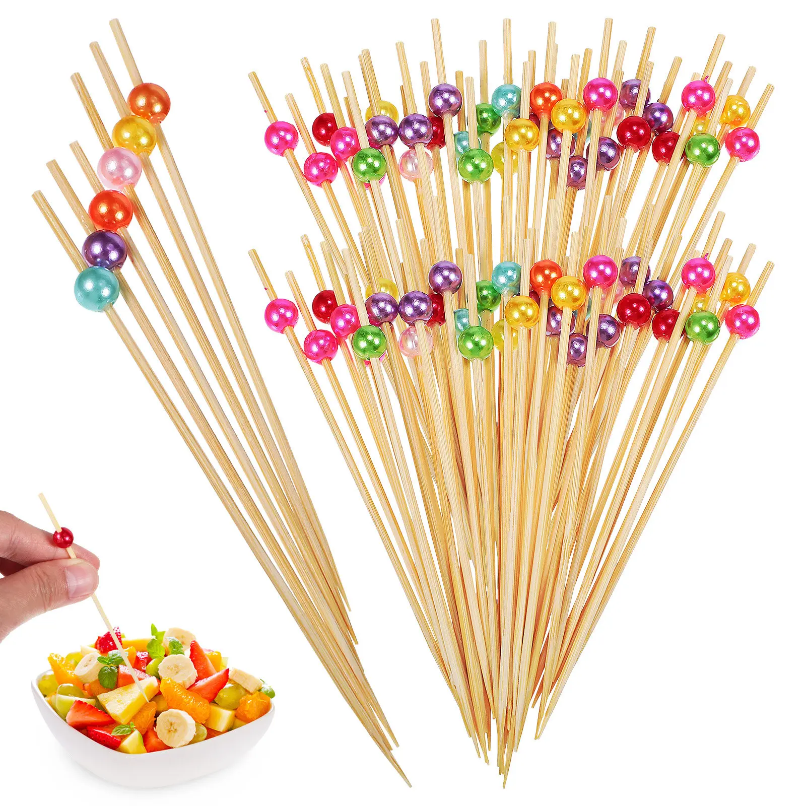 200Pcs Colorful Pearl Bamboo Skewers Fancy Toothpicks Party Cocktail Picks Appetizing Food Drink Decoration Bamboo Skewer