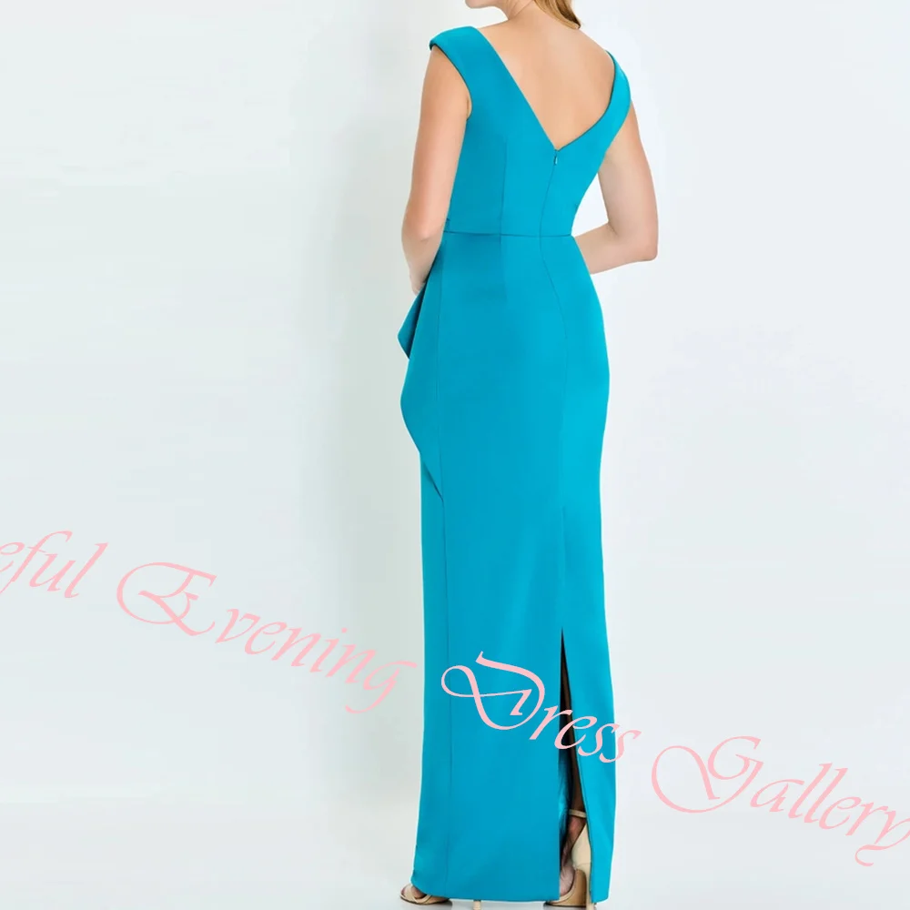 Customized Classic Pleat V-Neck Floor Length Back Slit Vestidos De Fiesta Straight Jersey Sleeveless Zipper Back платье вечернее