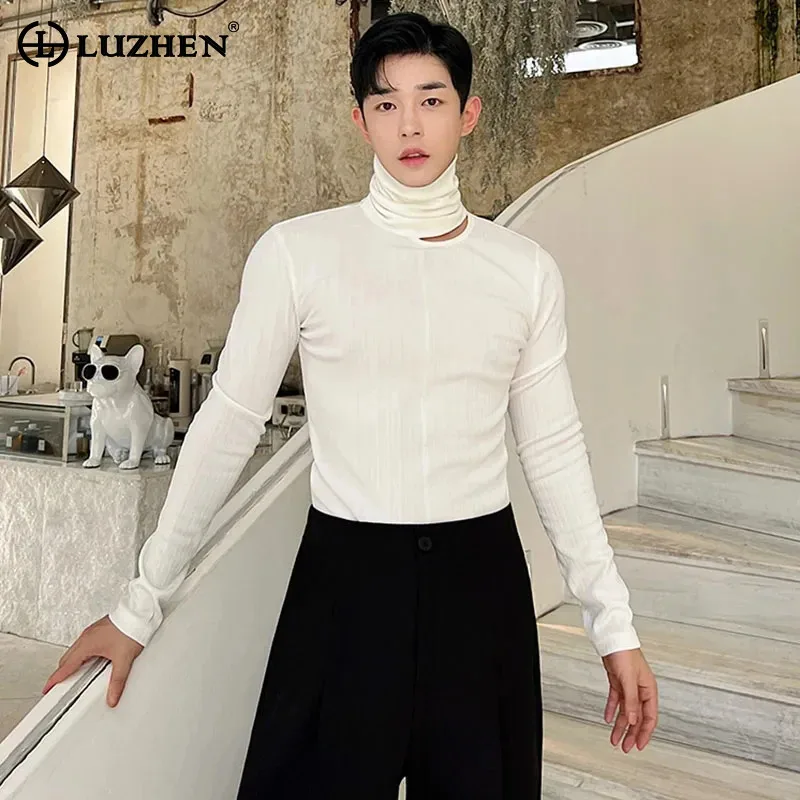 LUZHEN Stylish Hollow Design Long Sleeve Turtleneck Tops 2024 Solid Color Men's Street Trendy Korean Reviews Many Clothes LZ5871