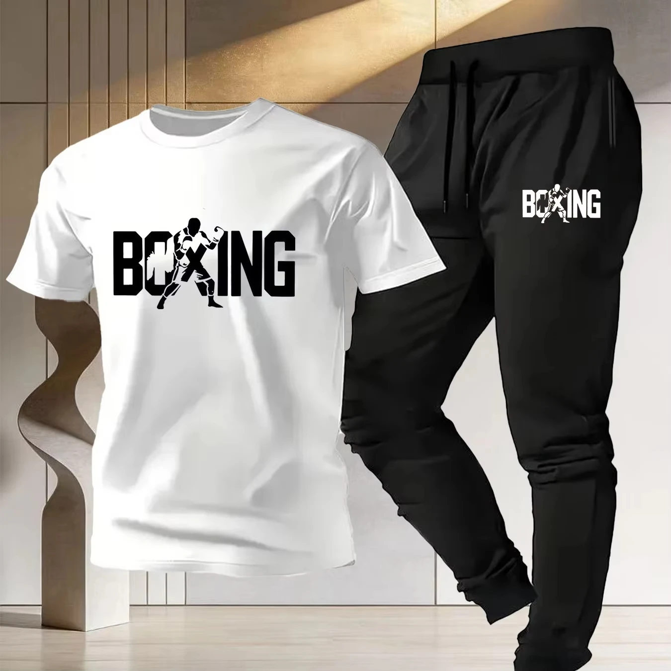 

Men's Boxing Themed 2-PieceShort Sleeve T-Shirt Breathable Athletic Set for Boxing EnthusiastsLightweight SportswearTrendy