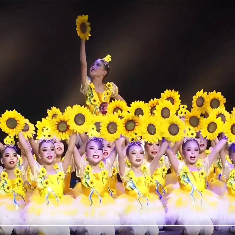 Traje de actuación de girasol para niños Sundance para niñas Estilo amarillo Danza de apertura nacional Vestido de flor de girasol Cosshu