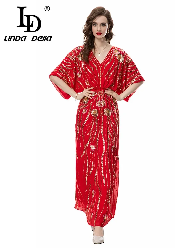 

LD LINDA DELLA Summer Runway Fashion Cotton Dress Women's Bohemian Loose Flowers Embroidery Sequins Beading Tunics Dresses