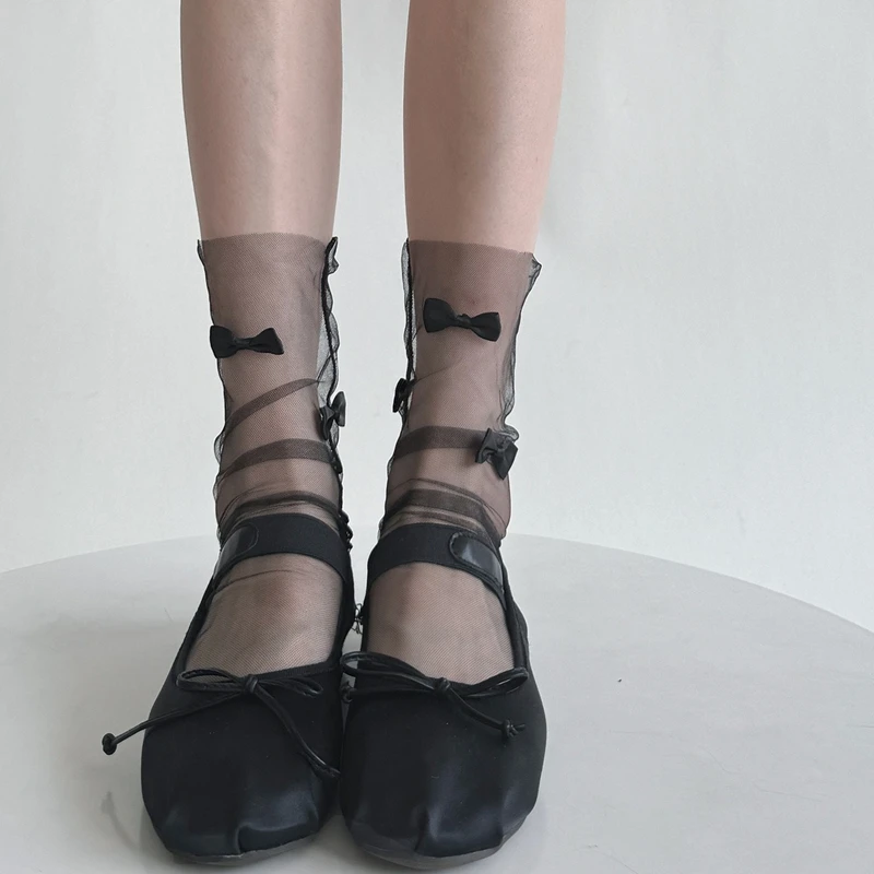 Sweet Transparent Mesh Socks for Women New Arrival Summer Breathable Middle Tube Sock Girls Lolita Style Bowknot Socks Woman