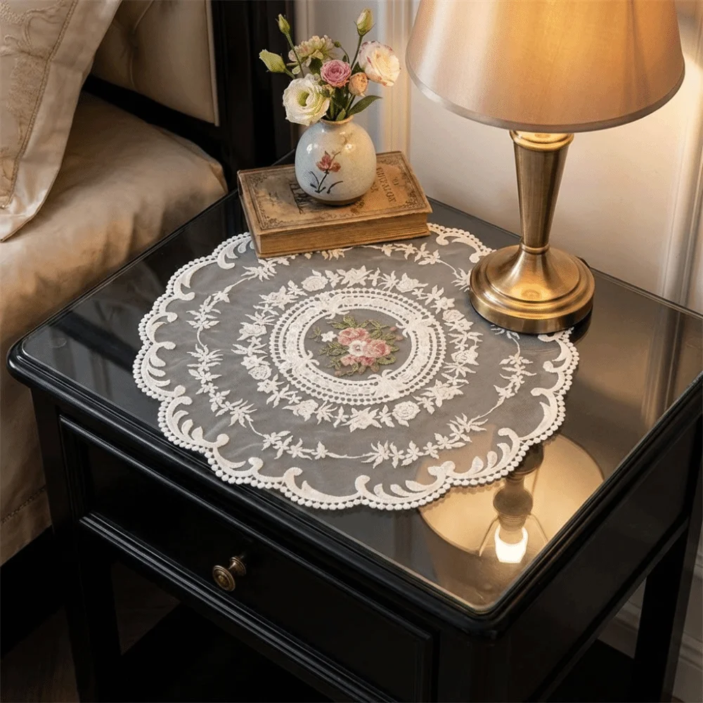 Luxury Lace Trim Embroidered Table Cover White Hollow Coffee Coaster Round Doily Lace Table Cloth Home Decor