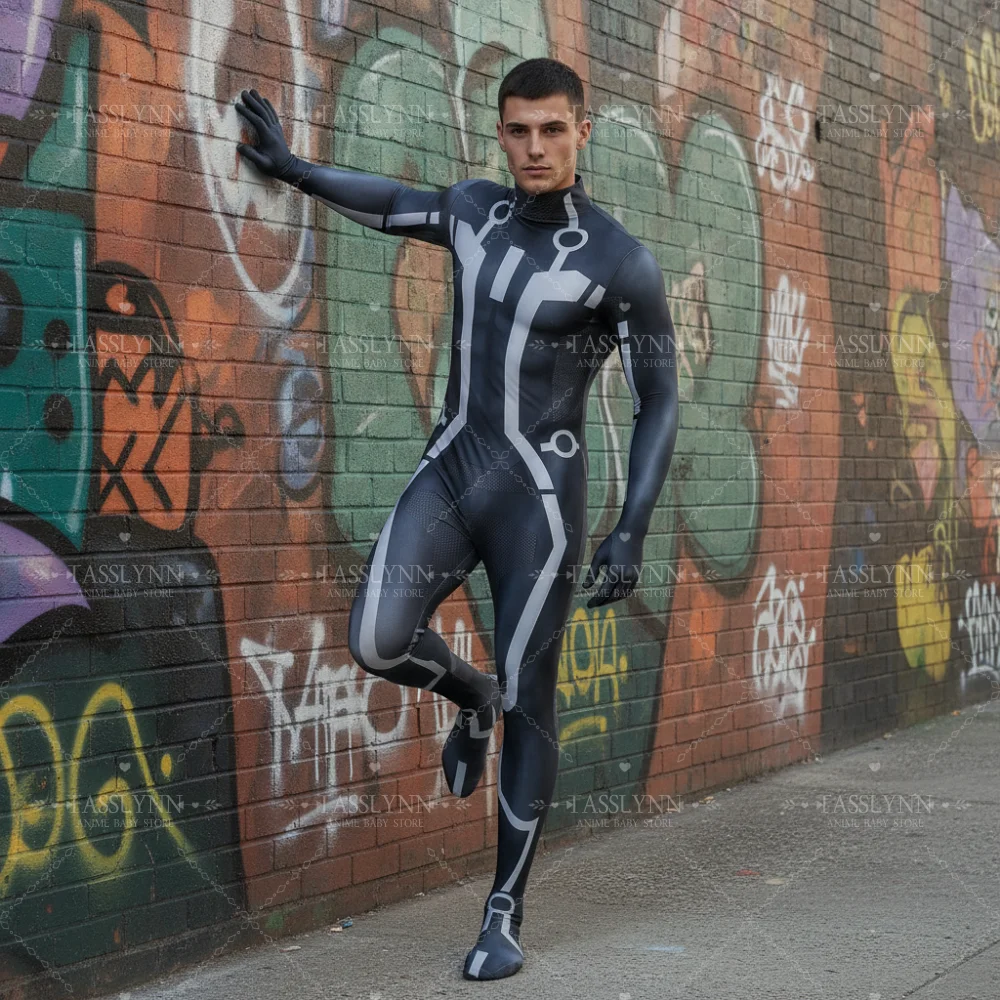 TRON Cosplay Zentai Bodysuit, Black White Circuit Line Jumpsuit, Men Sci-Fi Superhero Costume for Halloween Comic Con view 5