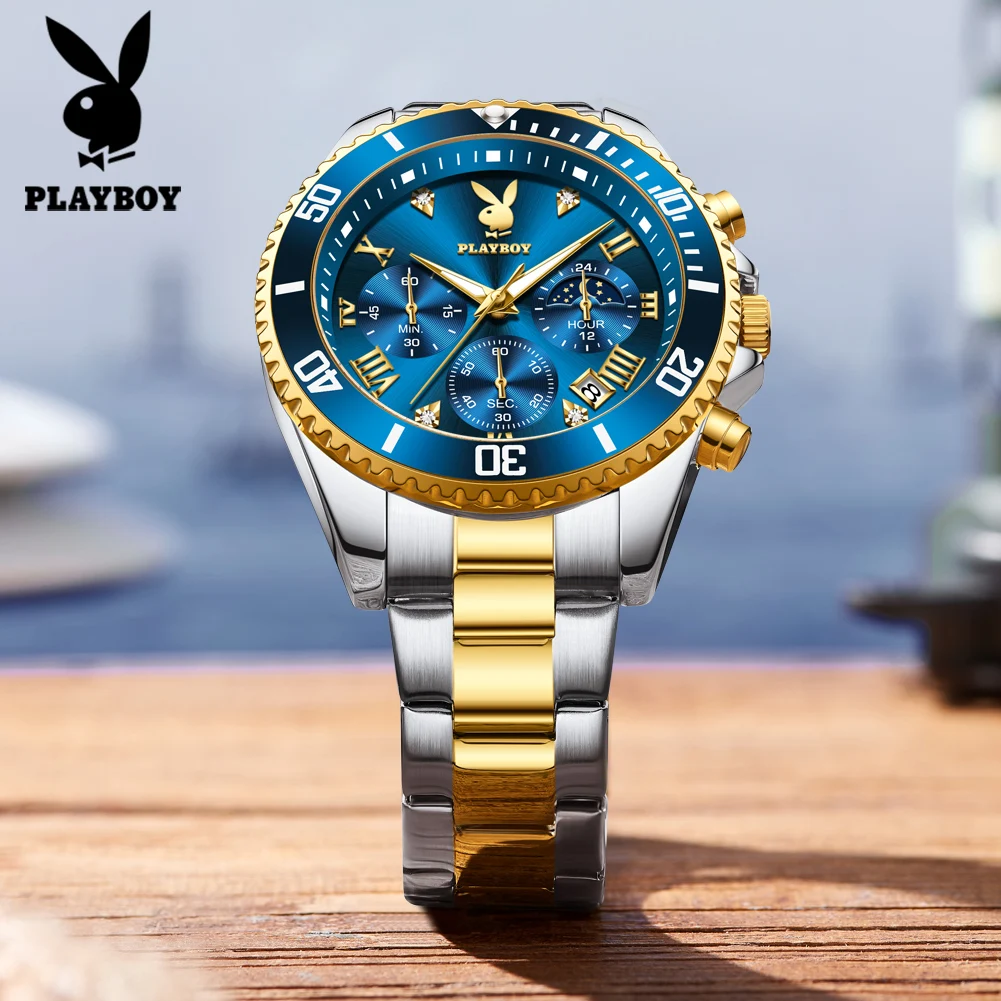 PLAYBOY Brand Elegant Fashion Business Watch for Men Original Stainless Steel Waterproof Chronograph Calendar Quartz Men Watch