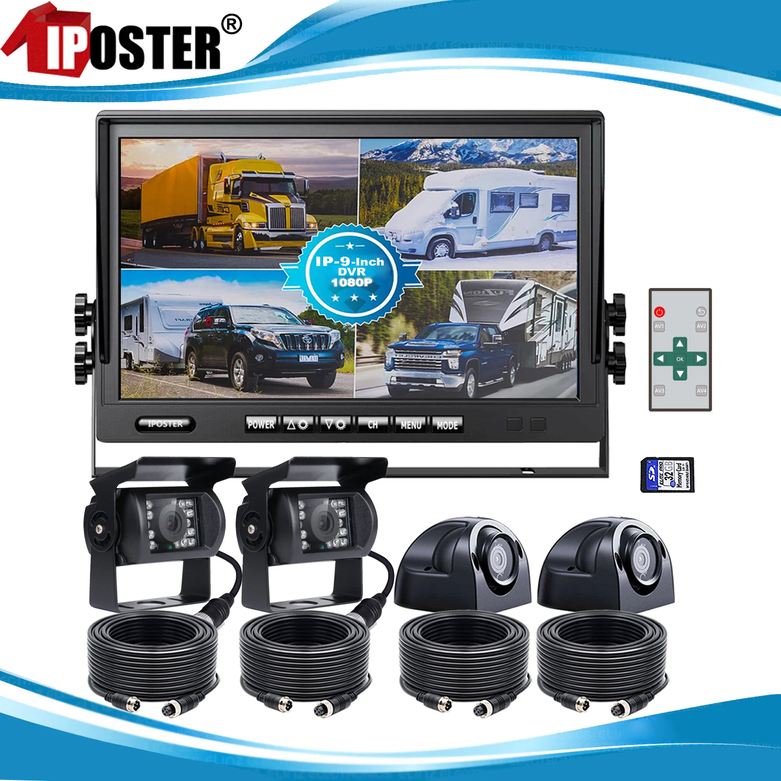 

iPoster 9" AHD IPS 4CH Quad Split Screen Rear View DVR Monitor 4x AHD 1080P 4Pin Side Rear Reverse Backup Cameras For Truck Rv