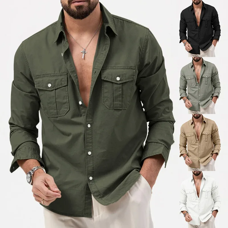 

Men's Solid Color Cargo Shirts Spring Autumn Fashion Lapel Multi-pocket Long Sleeve Button Shirt Casual Loose Tactical Shirt Top