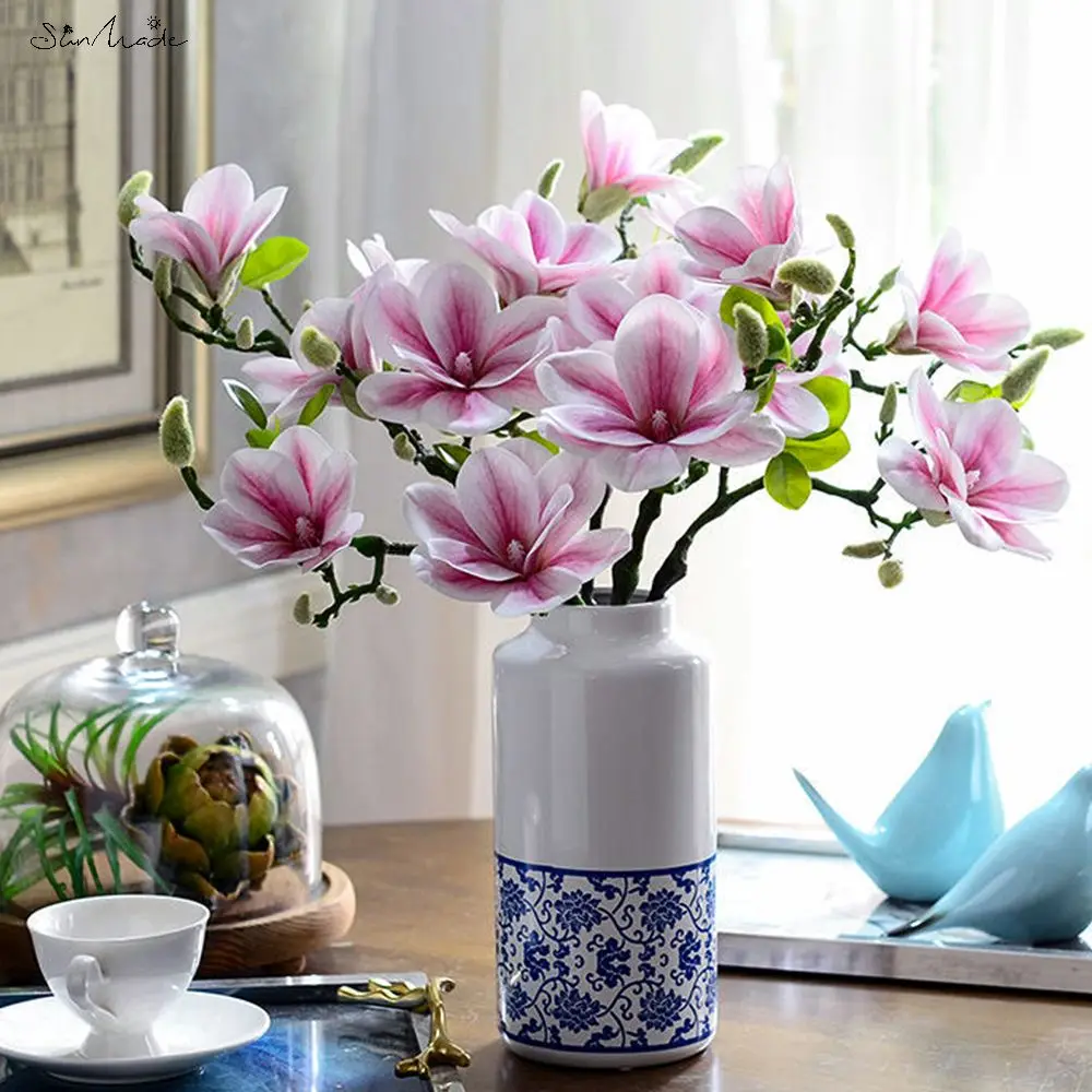 

SunMade 3Heads Open Magnolia Flower Branch Artificial Flowers for White Wedding Decoration Room Table Decor Flores Artificales