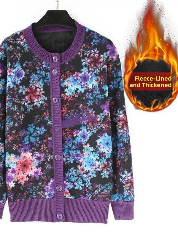 

Warm Fce Lined Winter Jaet Coat for Older Women andmother Sle Cardigan Sweater Thiened Mid-Length Striped Floral