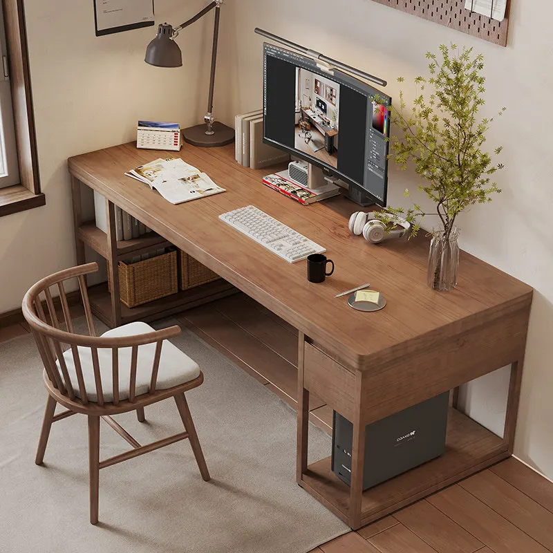 Simple solid wood computer table, layer rack combination household bedroom, double desk with drawer workbench, long large board