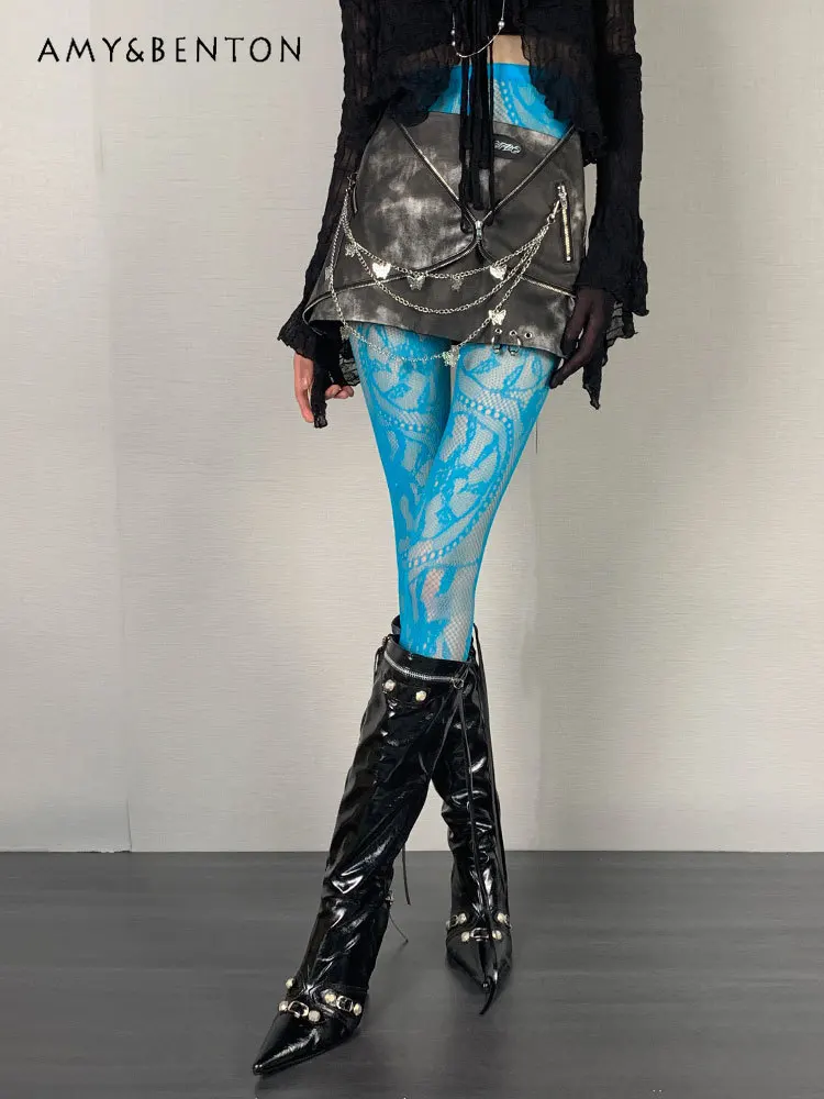 Punk Hot Girl Jacquard Y2k Retro Blue  Thigh High Stockings Women High Street Subculture Sexy Pantyhose Goth Compression Socks